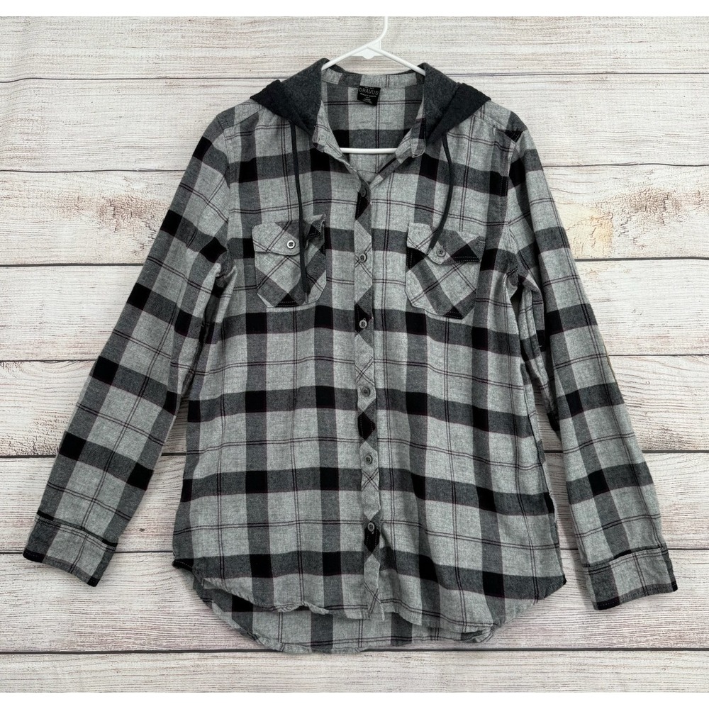 Dravus Hooded Flannel Shirt Mens Large Grey Black Plaid Corduroy Elbow Patches